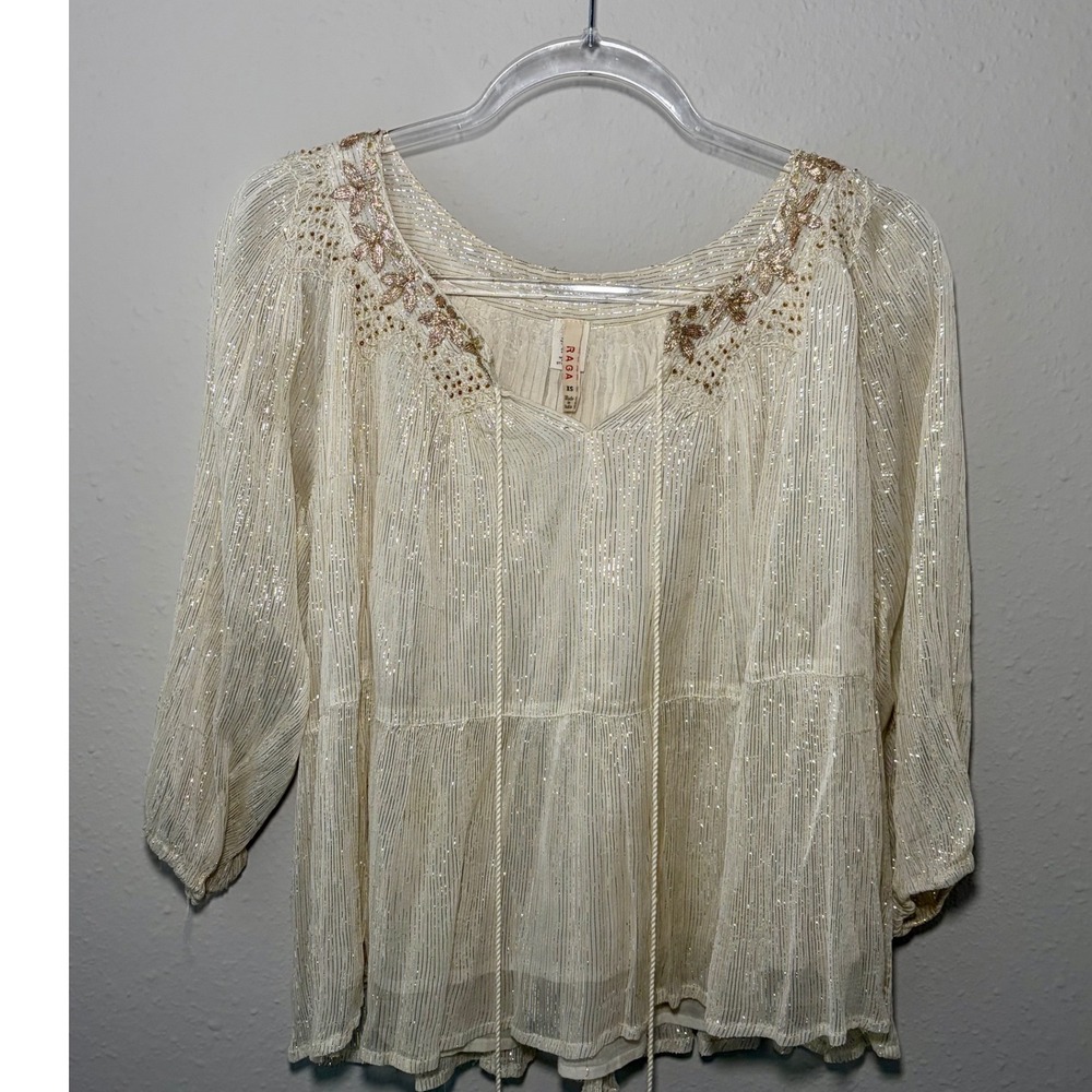 Anthropologie Raga XS Cream Gold Metallic Striped Embroidered Peasant Blouse